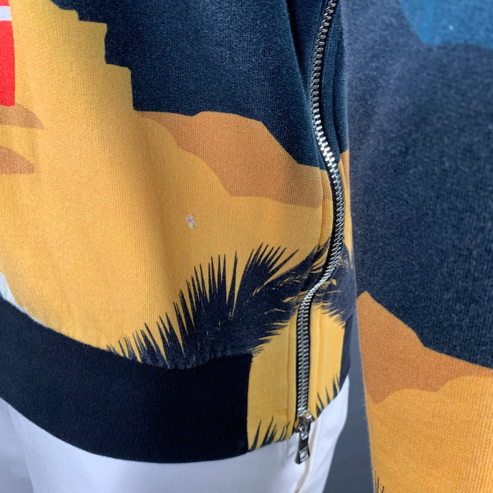 BALMAIN Size L Black Orange Blue Tropical Cotton Hooded Zip Up Sweatshirt