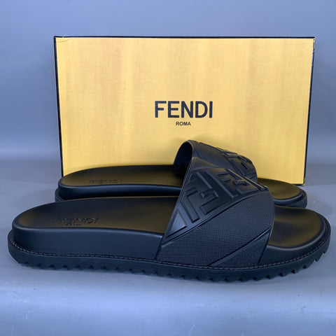 FENDI Size 12 Black Monogram Rubber Slide Sandals