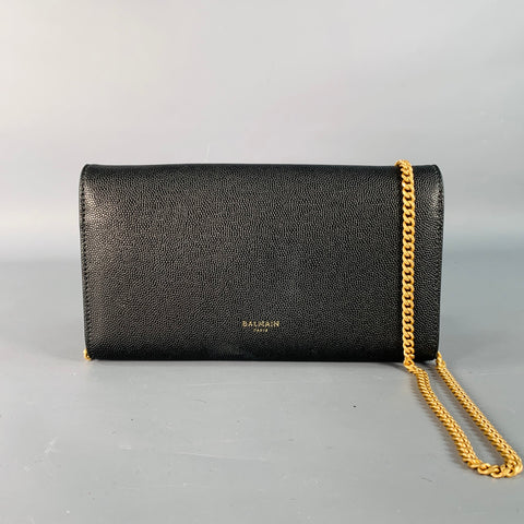 BALMAIN One Size Black Gold Chain Link Pebble Grain Leather Handbag