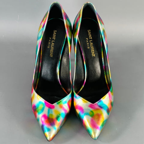 SAINT LAURENT Size 7.5 Metallic Silver Multi Color Leather Stiletto Pumps