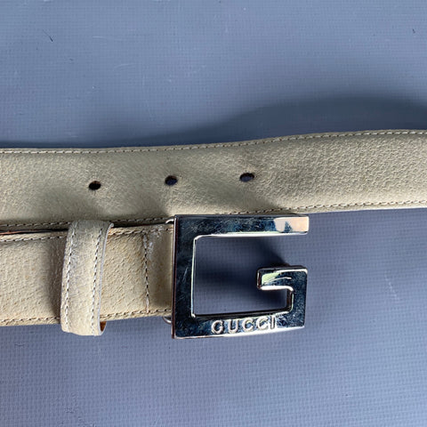 GUCCI Size 36 Beige Silver Leather Belt