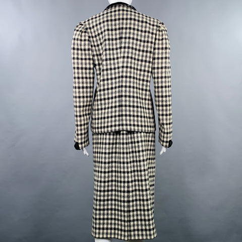 LOUIS FERAUD Taille 36 Noir Crème Laine Pied-de-poule Ensemble Jupe et Veste Croisée