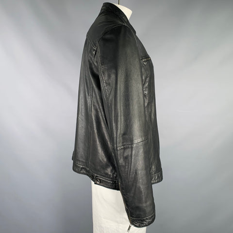 JOHN VARVATOS Size XL Black Sheep Leather Collarless Zip Up Jacket