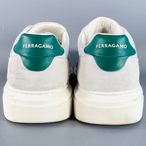 SALVATORE FERRAGAMO Size 11 White Green Logo Leather Chunky Sole Sneakers