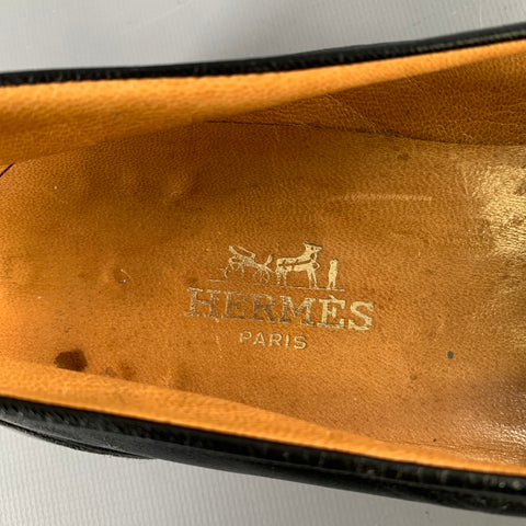 HERMES Size 7.5 D  Black Leather Eyelash Loafers