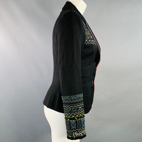 KENZO Size 4 Black Multi Color Wool Embroidered Jacket Blazer