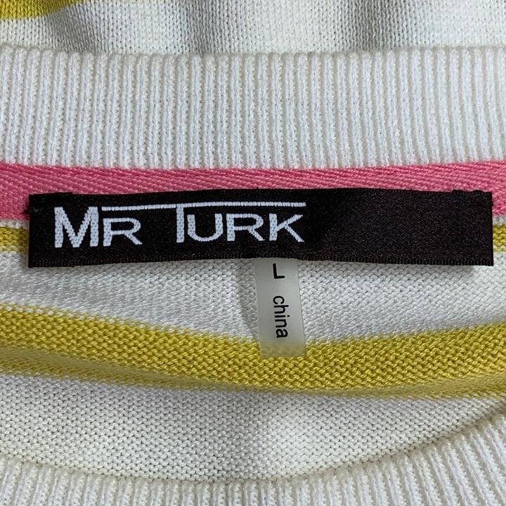 MR TURK Size L Yellow White Pink Flamingo Stripe Cotton Blend Crew Neck Pullover