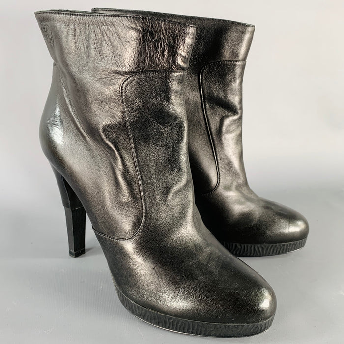 CHANEL Size 10 Black Leather Platform Heel Boots