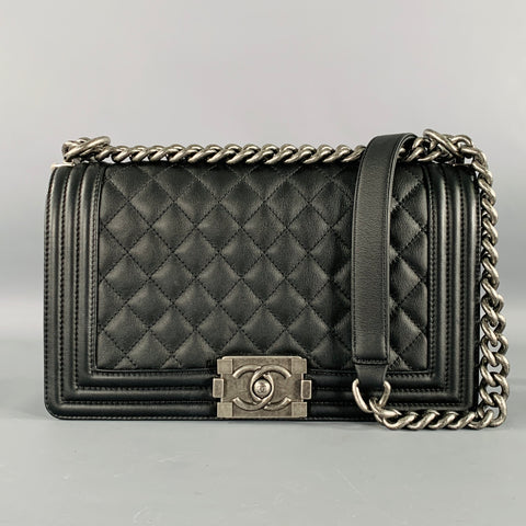 CHANEL 2019 Medium Boy Bag Black Quilted Leather Chain Handbag