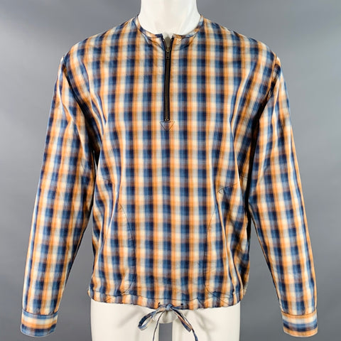 MONITALY Size M Blue Orange Plaid Cotton Collarless 1/4 Zip Pullover