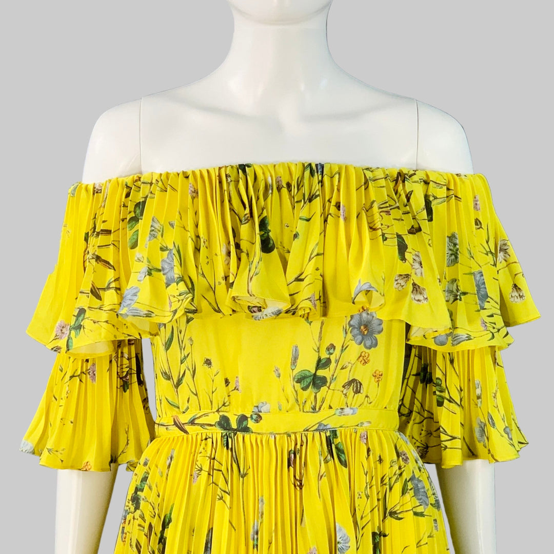 self portrait off shoulder floral dress SELF-PORTRAIT Size 4 Yellow Blue Polyester Floral Pleated Off Shoulder –  Sui Generis Designer Consignment