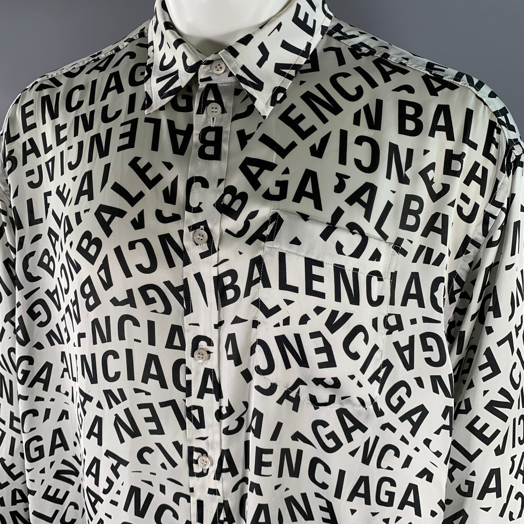 BALENCIAGA Size S Black White Monogram Polyester Button Up Long Sleeve Shirt