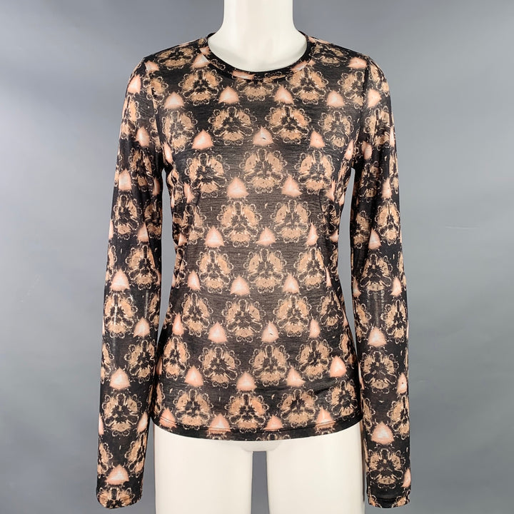 PRABAL GURUNG Size S Brown Grey Polyester Abstract Floral Long Sleeve Casual Top