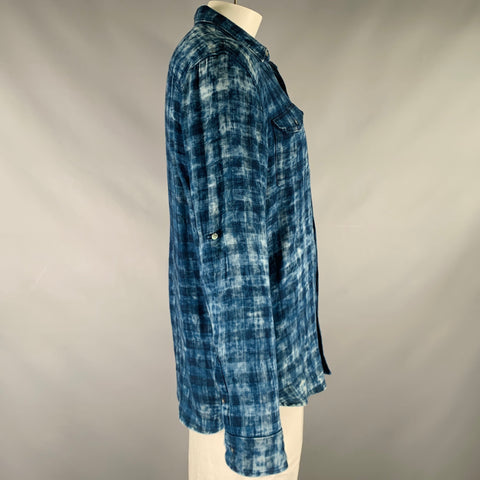 JOHN VARVATOS * U.S.A. Size XL Navy Blue Checkered Cotton Long Sleeve Shirt