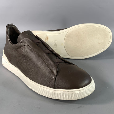 ZEGNA Size 9 Brown Pebble Grain Leather Slip On Sneakers