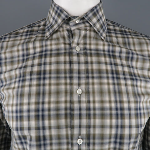 ETRO Size S Olive & Navy Plaid Button Up Long Sleeve Shirt