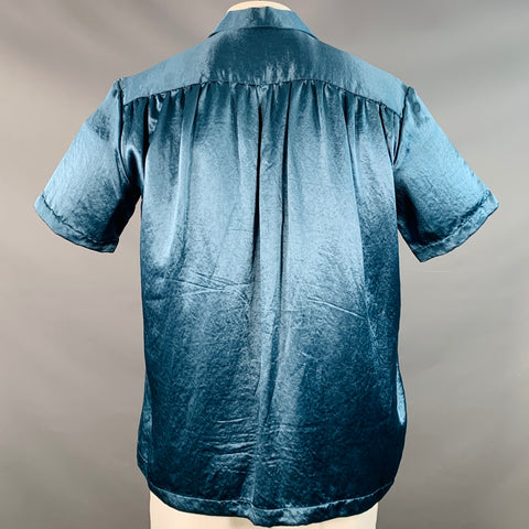 GOODFIGHT Size L Blue Grey Venus Fly Trap Embroidery Satin Camp Short Sleeve Shirt