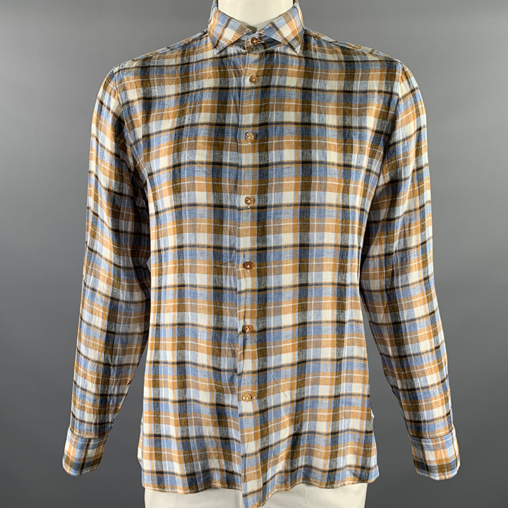 Chemise à manches longues BORRIELLO en lin à col italien à carreaux bleu, orange et blanc, taille XL