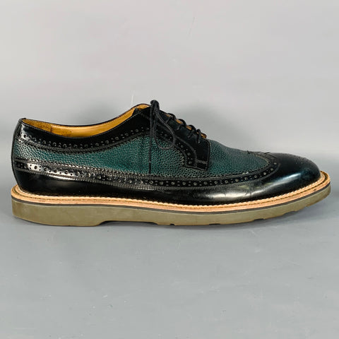 PAUL SMITH Size 10 Black Green Perforated Pebble Grain Leather Wingtip Lace-Up Shoes