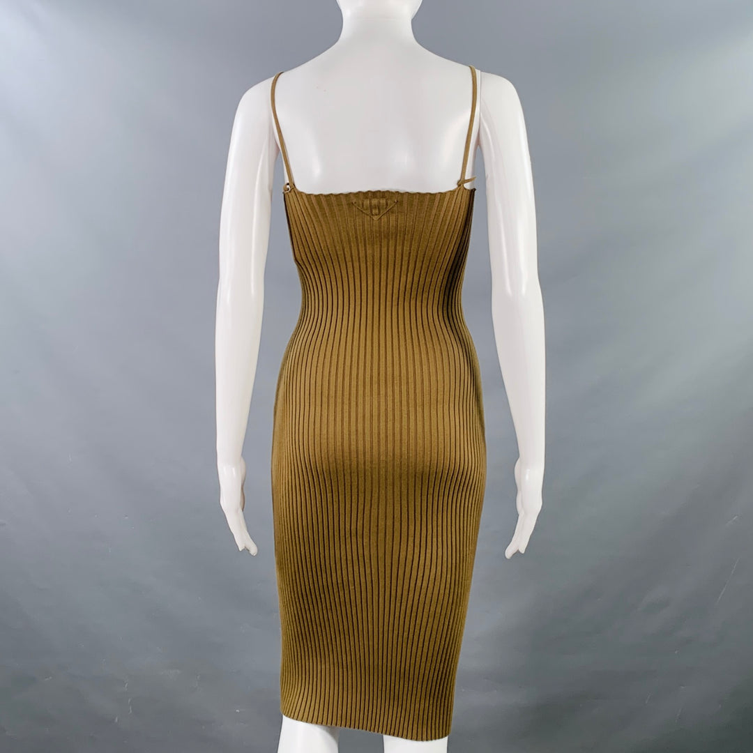 PRADA Size S Brown Cotton Rib Knit Spaghetti Straps Knee Length Dress