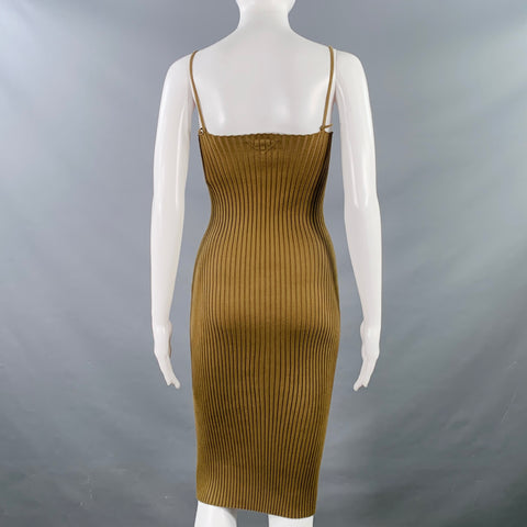 PRADA Size S Brown Cotton Rib Knit Spaghetti Straps Knee Length Dress