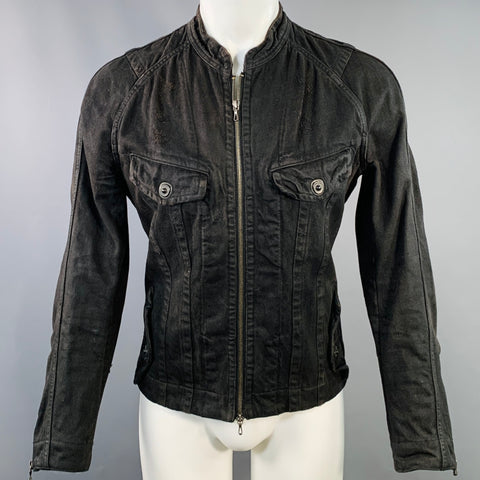 JULIUS_7 Size S Black Distressed Cotton Fitted Zip Up Jacket