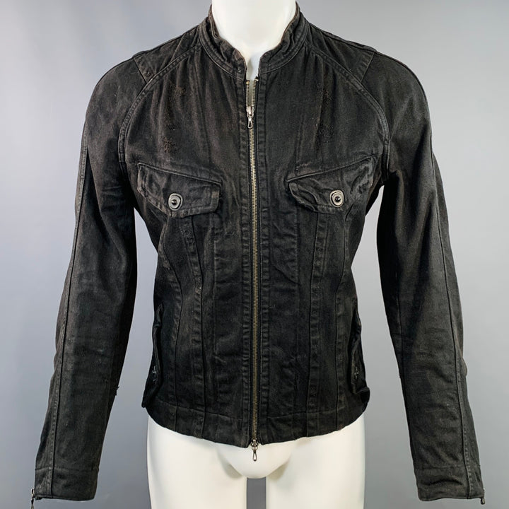 JULIUS_7 Size S Black Distressed Cotton Fitted Zip Up Jacket