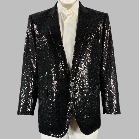 BILLIONAIRE COUTURE Size 48 Black Sequined Polyester Peak Lapel Sport Coat