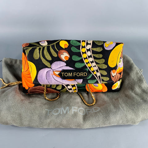 TOM FORD Black Multi Color Embroidered Leather Handbag