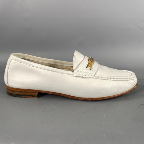 SALVATORE FERRAGAMO Size 9.5 White Gold Crackled Leather Penny Loafers