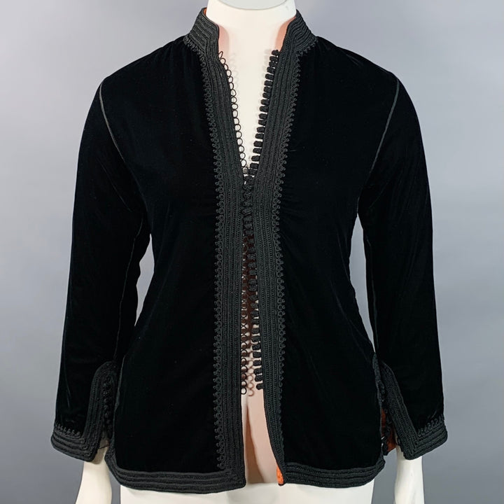 AU FIL D'OR Size L Black Velvet Embroidered Trim Stand Up Collar Jacket