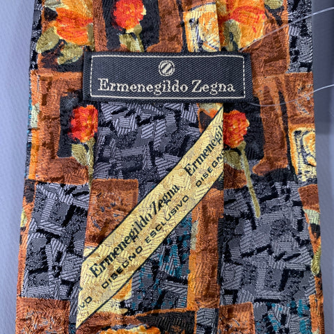 ERMENEGILDO ZEGNA Grey Yellow Abstract Floral Silk Tie