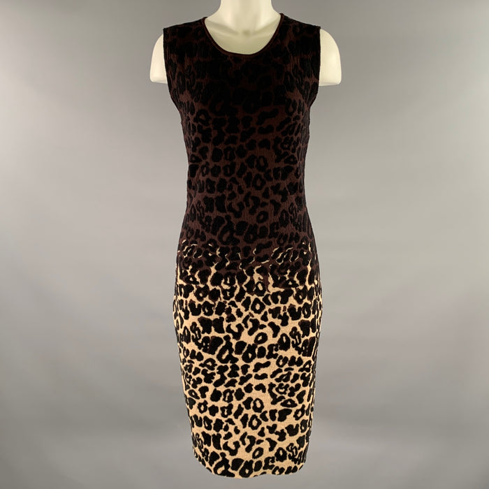 LANVIN Size M Burgundy Tan Wool Blend Leopard Dress