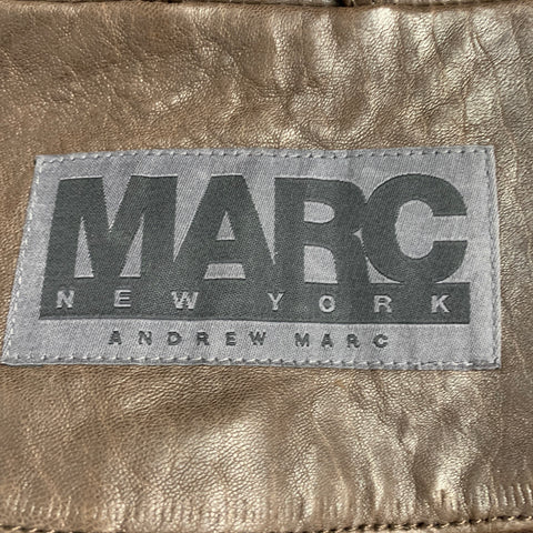 ANDREW MARC Chaqueta con broches y cremallera de cuero marrón cacao talla L
