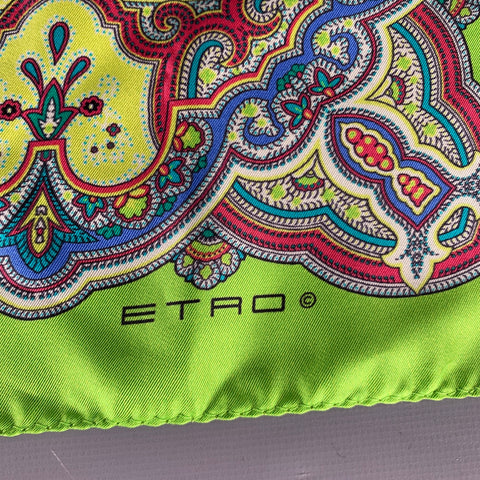 ETRO Green Multi Color Paisley Silk Pocket Square