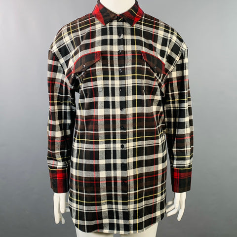 ALICE + OLIVIA Size L Black Red White Polyester Blend Plaid Button Up Shirt