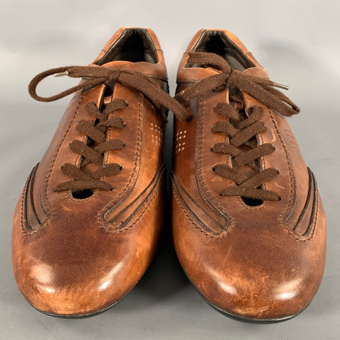HOGAN Size 11 Brown Distressed Leather Soccer Sneakers