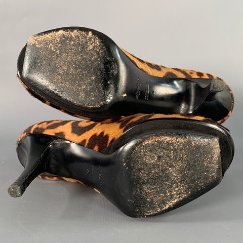 YVES SAINT LAURENT Size 6 Tribute  Brown Black Calf Hair Animal Print Platform Sandals