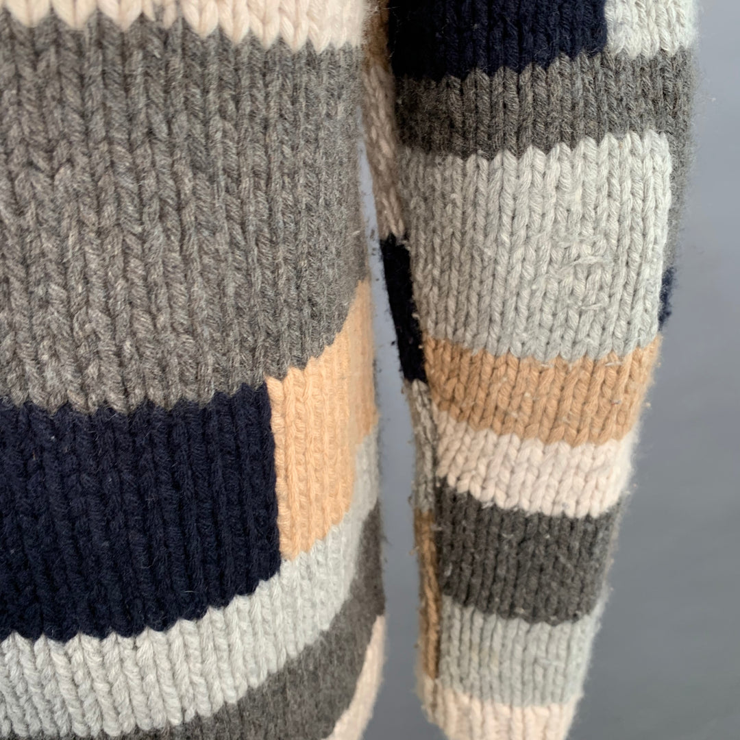 BARENA Size XL Grey Tan Brown Patchwork Virgin Wool Shawl Collar Cardigan