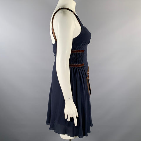 MOSCHINO Size 12 Navy Brown Silk Ribbon Dress