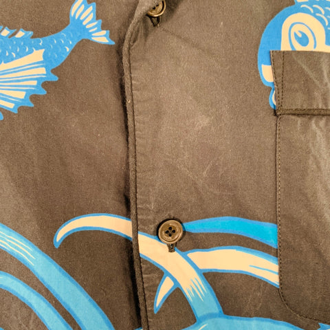 VALENTINO Size S Black White Blue Koi Fish Cotton One Pocket Camp Short Sleeve Shirt