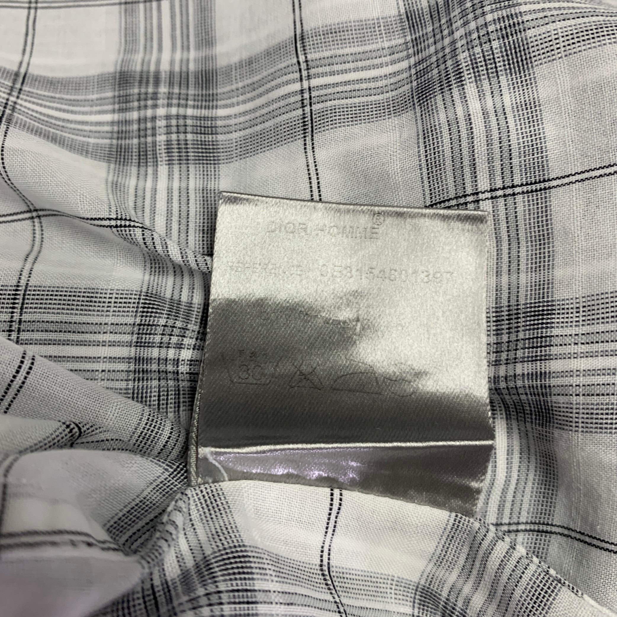 DIOR HOMME Size L White Grey Plaid Cotton Button Up Long