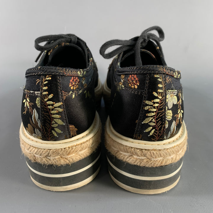 PRADA Size 11 Black Multi-Color Jacquard Floral Platform Laces