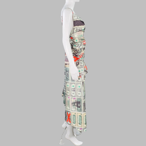 VAQUERA Size S Multi Color Polyester Money Print Ruched Asymmetrical Spaghetti Straps Dress