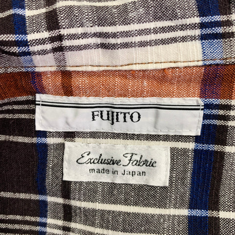 FUJITO Size XL Brown Navy Plaid Cotton Linen Zip Up Jacket