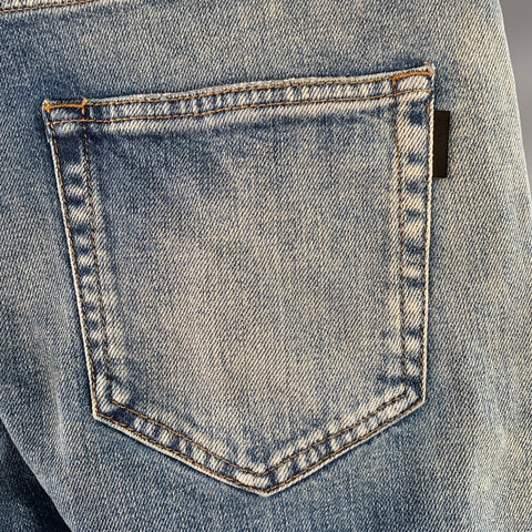 SAINT LAURENT Size 30 Blue Distressed Cotton Blend Twill Slim Tapered Jeans