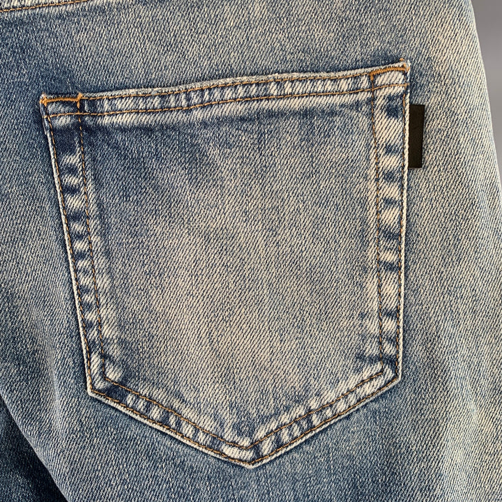 SAINT LAURENT Size 30 Blue Distressed Cotton Blend Twill Slim Tapered Jeans