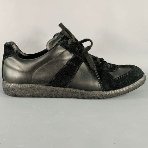 MAISON MARGIELA Size 13 Black Mixed Fabrics Leather Low Top Sneakers