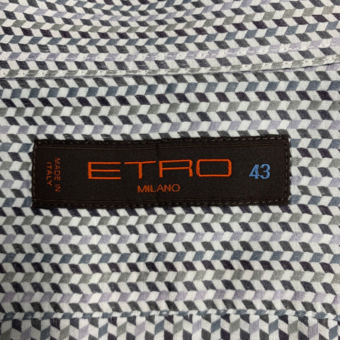 ETRO Size L Grey White Geometric Cotton Button Up Long Sleeve Shirt
