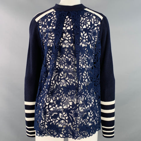 NO BRAND Size M Navy White Knit Stripe Lace Mixed Fabrics Cardigan